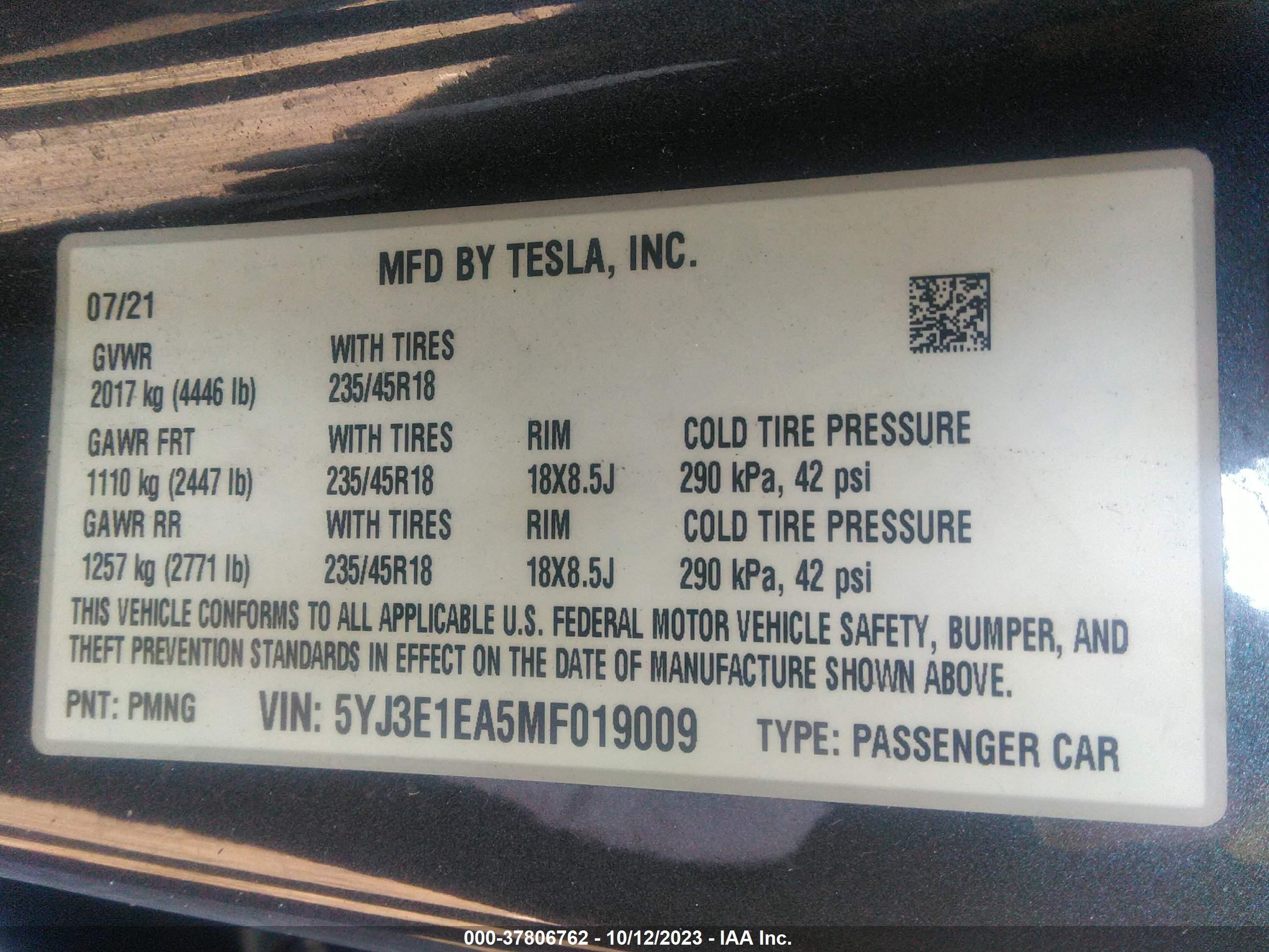 Photo 8 VIN: 5YJ3E1EA5MF019009 - TESLA MODEL 3 