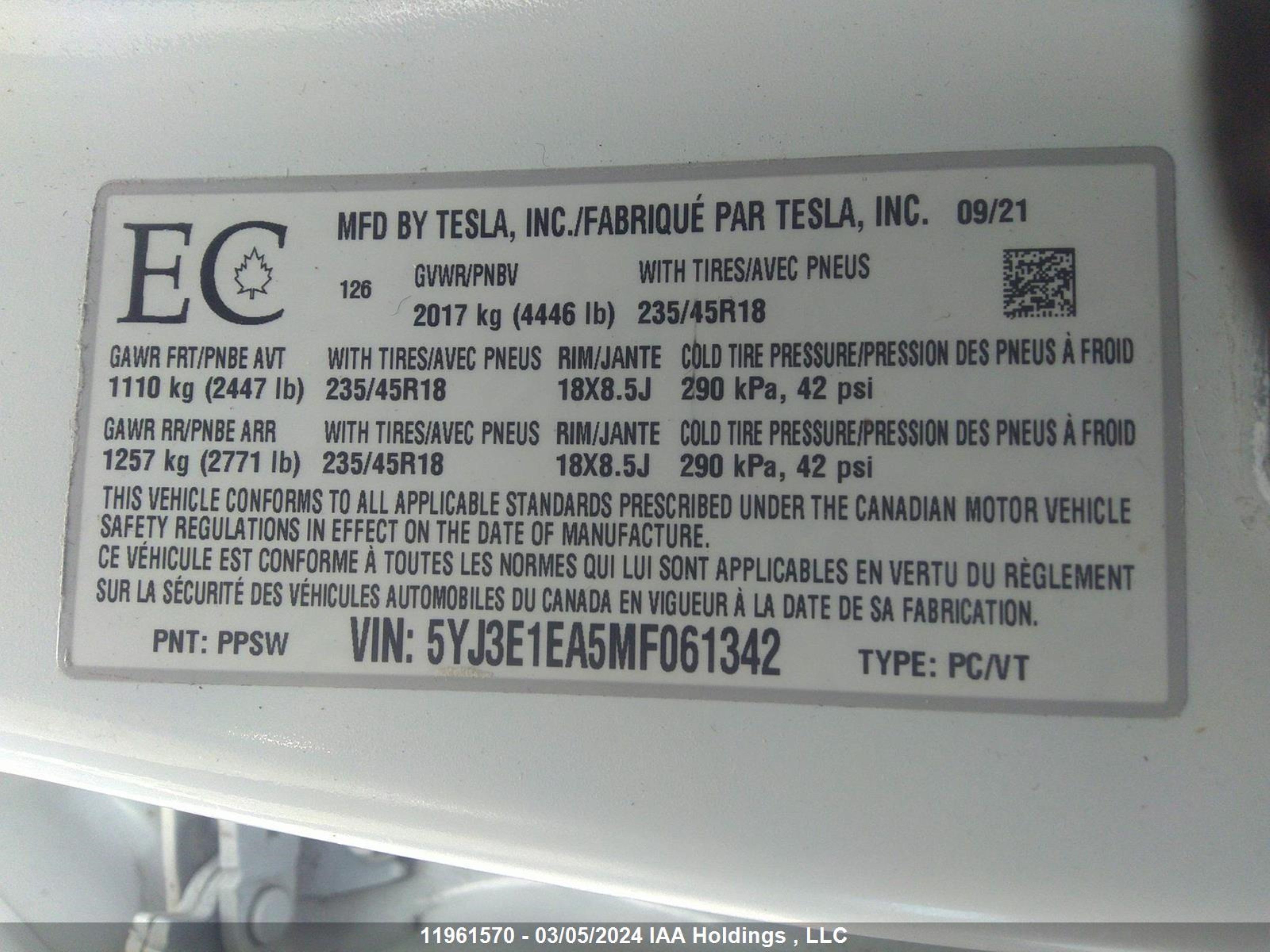 Photo 8 VIN: 5YJ3E1EA5MF061342 - TESLA MODEL 3 