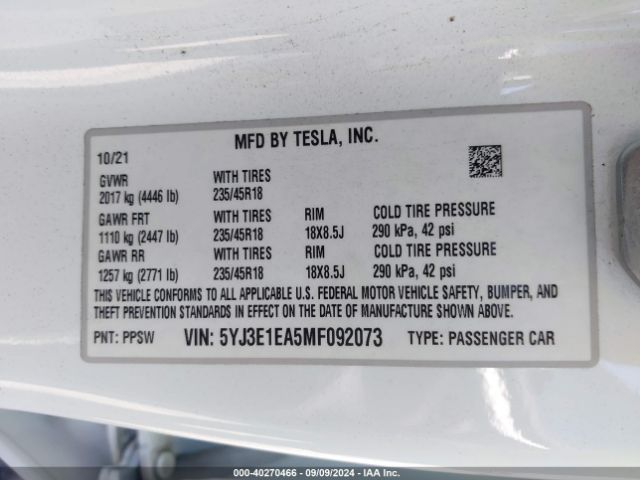 Photo 8 VIN: 5YJ3E1EA5MF092073 - TESLA MODEL 3 