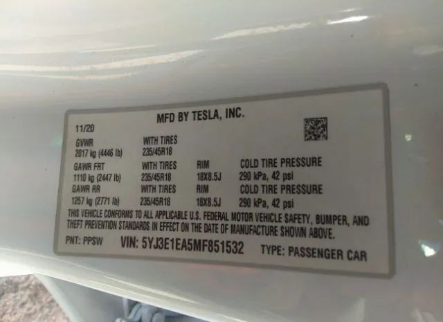 Photo 8 VIN: 5YJ3E1EA5MF851532 - TESLA MODEL 3 