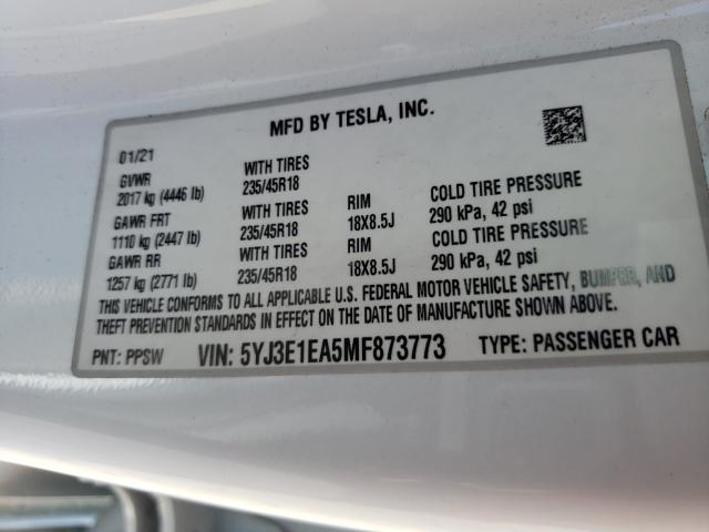 Photo 9 VIN: 5YJ3E1EA5MF873773 - TESLA MODEL 3 