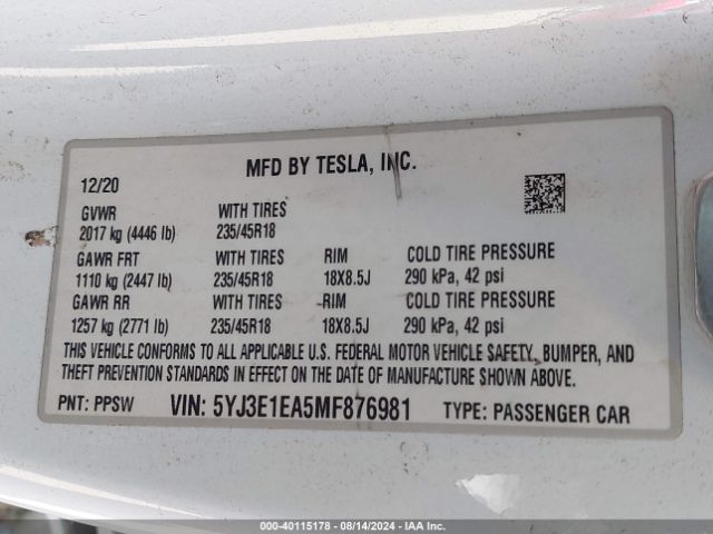 Photo 8 VIN: 5YJ3E1EA5MF876981 - TESLA MODEL 3 