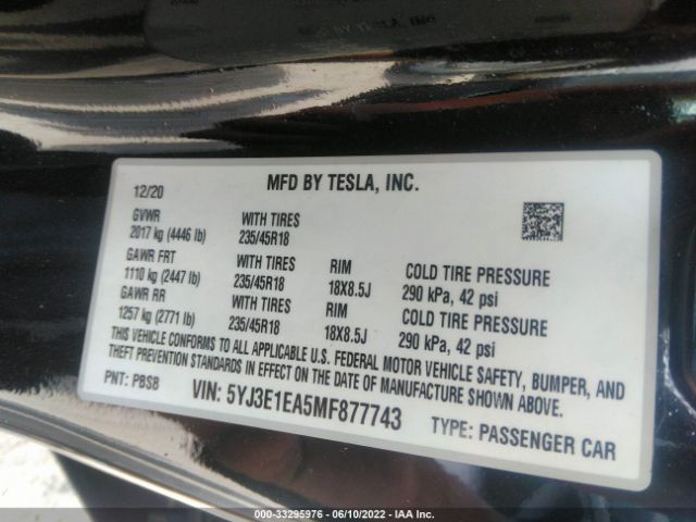 Photo 8 VIN: 5YJ3E1EA5MF877743 - TESLA MODEL 3 