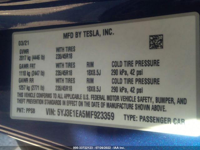 Photo 8 VIN: 5YJ3E1EA5MF923359 - TESLA MODEL 3 