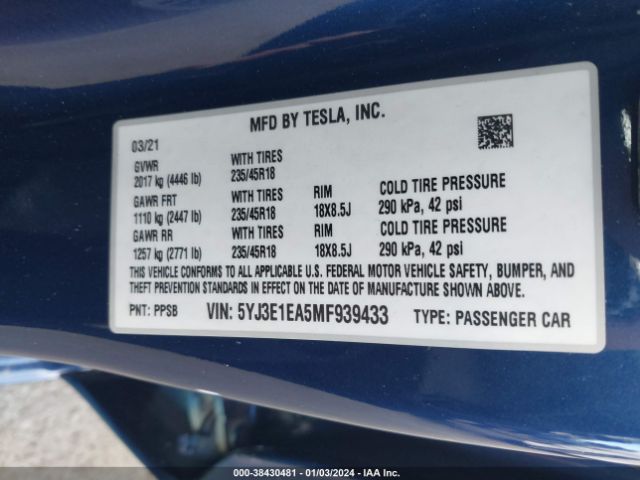 Photo 8 VIN: 5YJ3E1EA5MF939433 - TESLA MODEL 3 