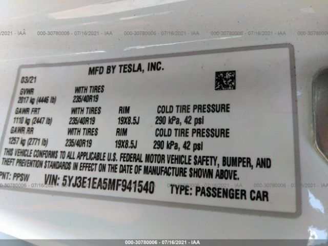 Photo 8 VIN: 5YJ3E1EA5MF941540 - TESLA MODEL 3 