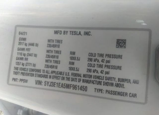 Photo 8 VIN: 5YJ3E1EA5MF961450 - TESLA MODEL 3 