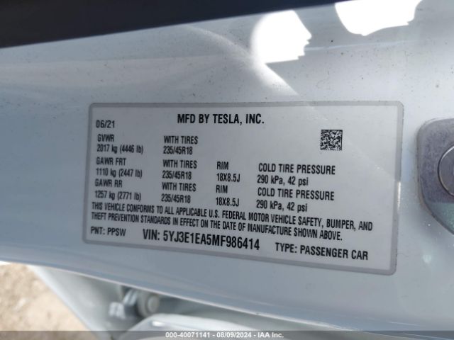 Photo 8 VIN: 5YJ3E1EA5MF986414 - TESLA MODEL 3 