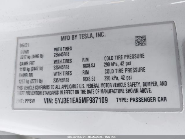 Photo 8 VIN: 5YJ3E1EA5MF987109 - TESLA MODEL 3 