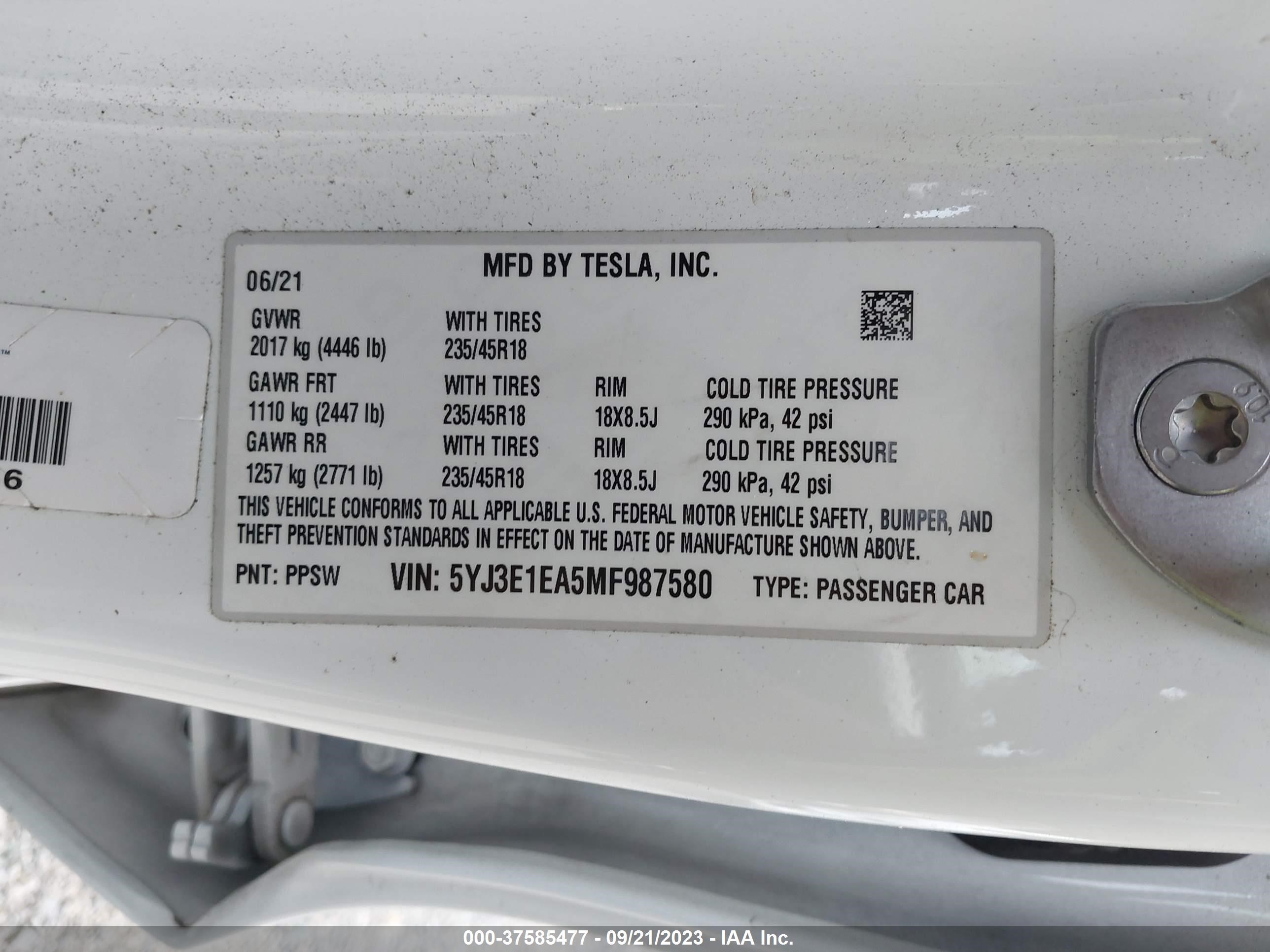 Photo 8 VIN: 5YJ3E1EA5MF987580 - TESLA MODEL 3 