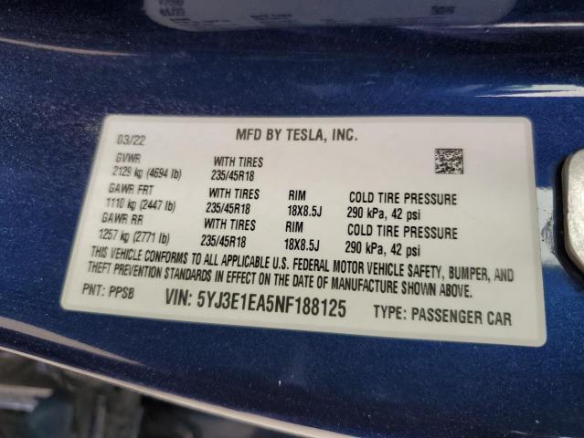 Photo 9 VIN: 5YJ3E1EA5NF188125 - TESLA MODEL 3 