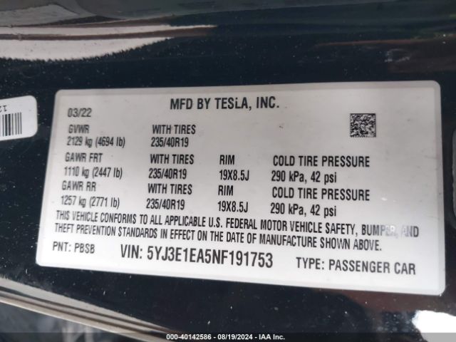 Photo 8 VIN: 5YJ3E1EA5NF191753 - TESLA MODEL 3 