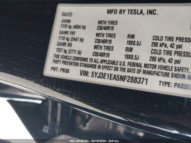 Photo 8 VIN: 5YJ3E1EA5NF288371 - TESLA MODEL 3 