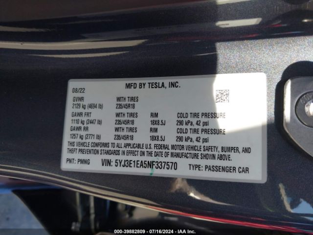 Photo 8 VIN: 5YJ3E1EA5NF337570 - TESLA MODEL 3 