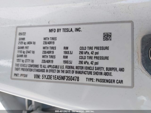 Photo 8 VIN: 5YJ3E1EA5NF350478 - TESLA MODEL 3 