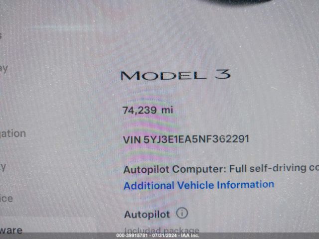 Photo 6 VIN: 5YJ3E1EA5NF362291 - TESLA MODEL 3 