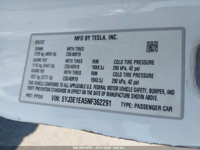 Photo 8 VIN: 5YJ3E1EA5NF362291 - TESLA MODEL 3 