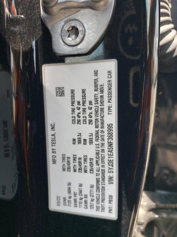 Photo 11 VIN: 5YJ3E1EA5NF368995 - TESLA MODEL 3 