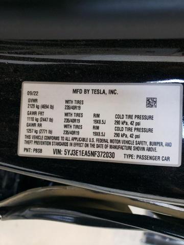 Photo 12 VIN: 5YJ3E1EA5NF372030 - TESLA MODEL 3 