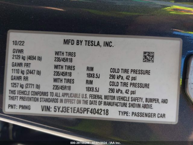 Photo 8 VIN: 5YJ3E1EA5PF404218 - TESLA MODEL 3 