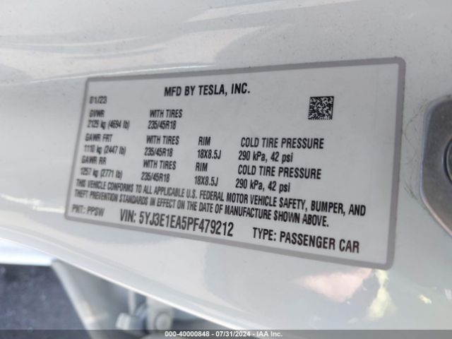 Photo 8 VIN: 5YJ3E1EA5PF479212 - TESLA MODEL 3 