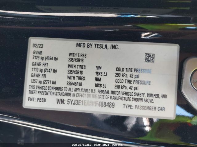 Photo 8 VIN: 5YJ3E1EA5PF488489 - TESLA MODEL 3 