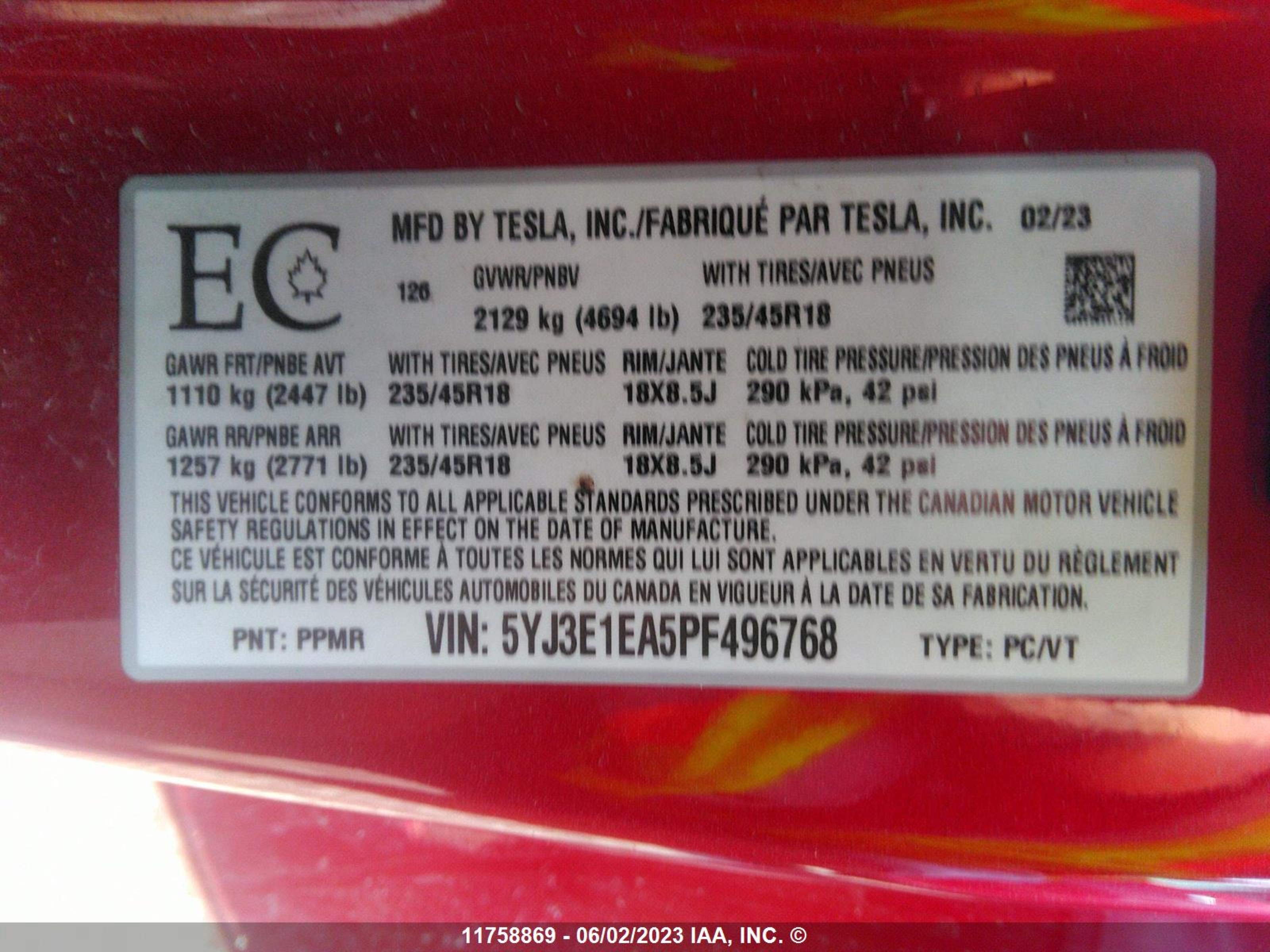 Photo 8 VIN: 5YJ3E1EA5PF496768 - TESLA MODEL 3 