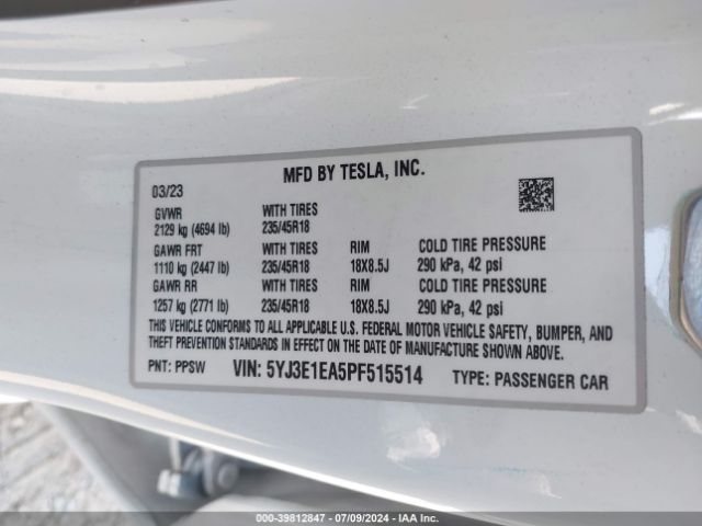 Photo 8 VIN: 5YJ3E1EA5PF515514 - TESLA MODEL 3 