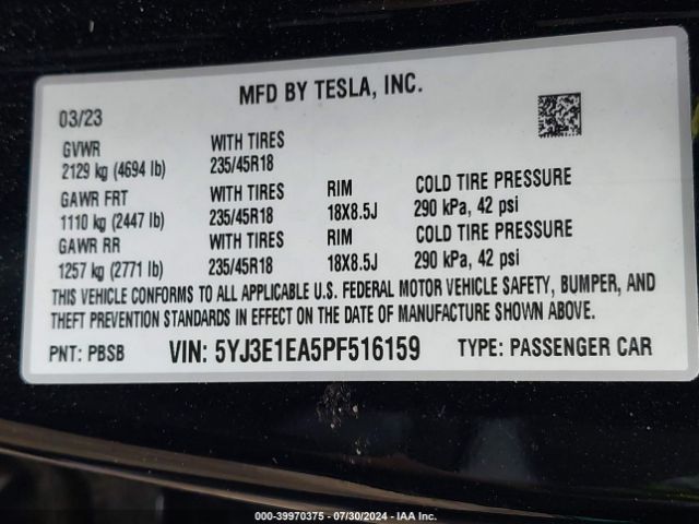 Photo 8 VIN: 5YJ3E1EA5PF516159 - TESLA MODEL 3 