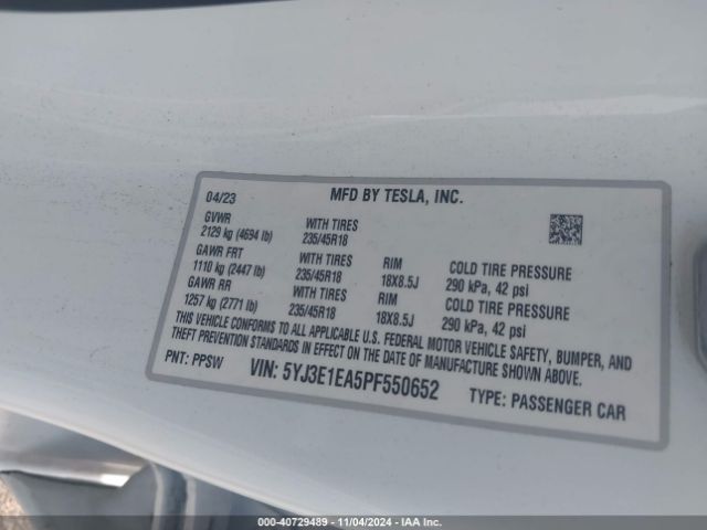 Photo 8 VIN: 5YJ3E1EA5PF550652 - TESLA MODEL 3 