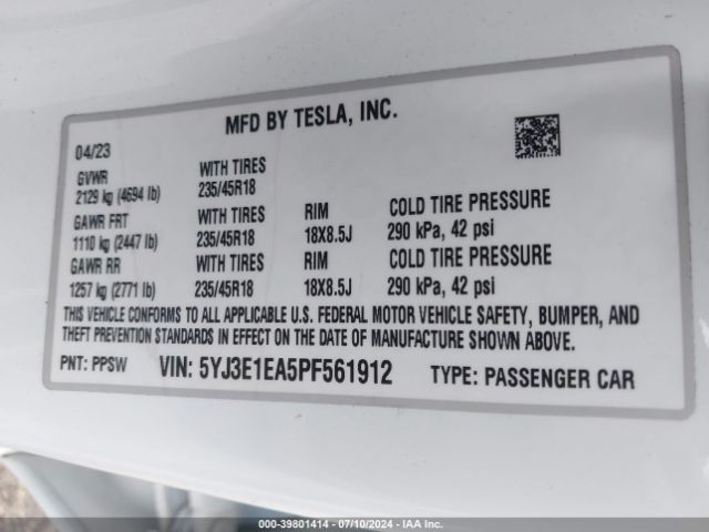 Photo 8 VIN: 5YJ3E1EA5PF561912 - TESLA MODEL 3 