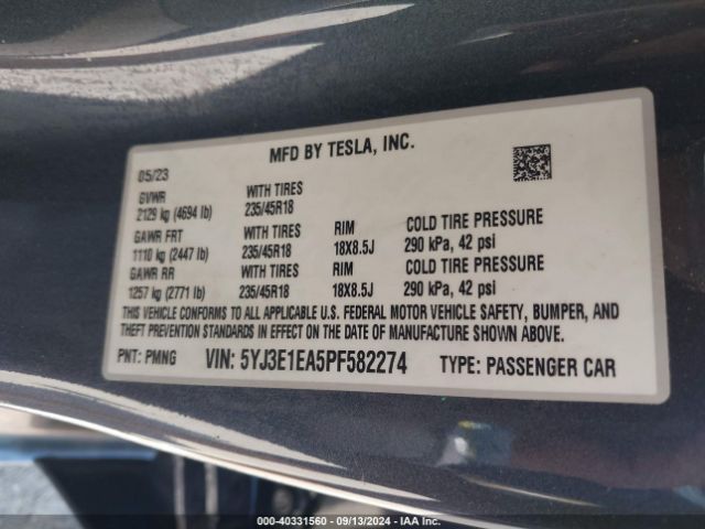 Photo 8 VIN: 5YJ3E1EA5PF582274 - TESLA MODEL 3 