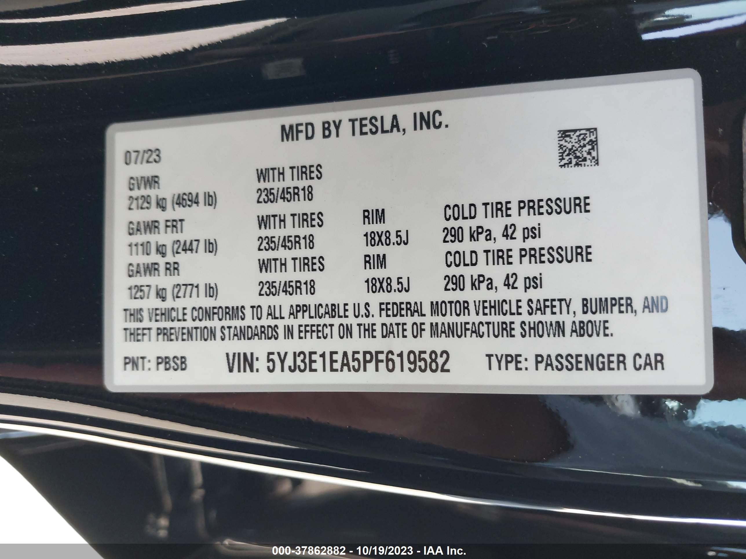 Photo 8 VIN: 5YJ3E1EA5PF619582 - TESLA MODEL 3 