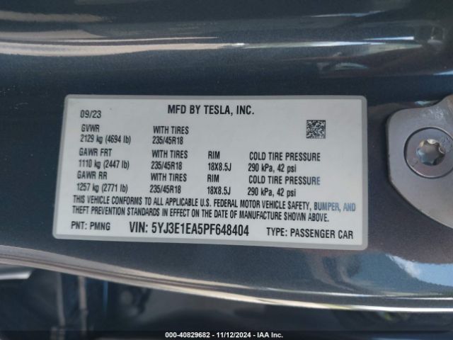 Photo 8 VIN: 5YJ3E1EA5PF648404 - TESLA MODEL 3 