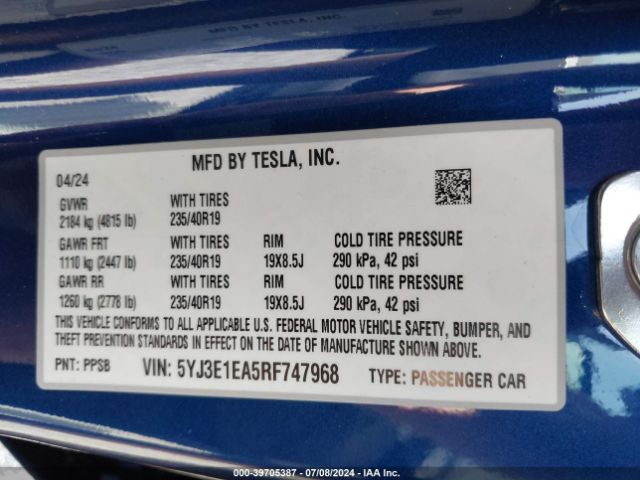 Photo 8 VIN: 5YJ3E1EA5RF747968 - TESLA MODEL 3 