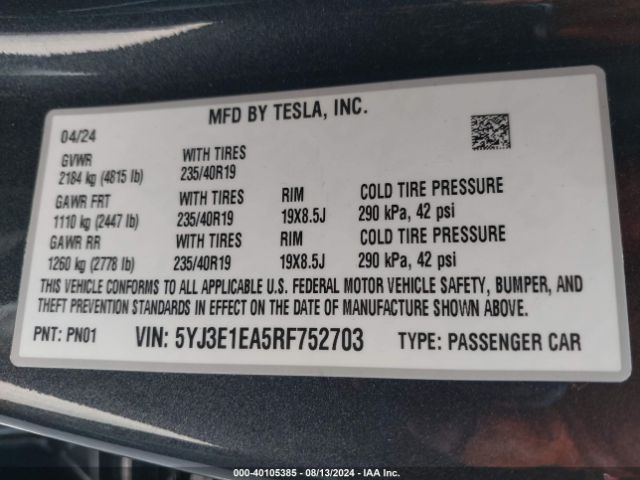 Photo 8 VIN: 5YJ3E1EA5RF752703 - TESLA MODEL 3 