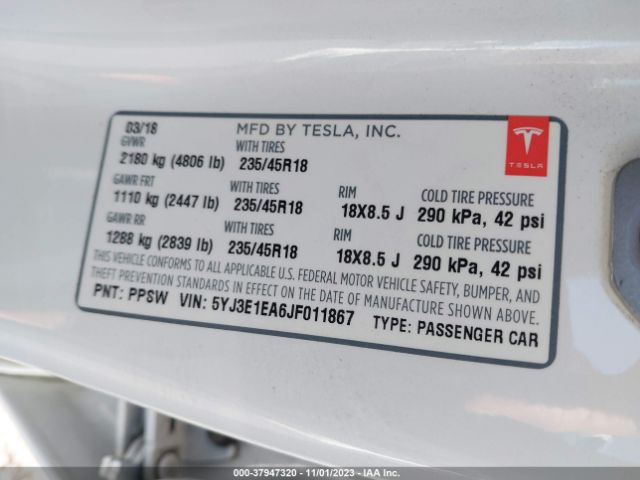 Photo 8 VIN: 5YJ3E1EA6JF011867 - TESLA MODEL 3 