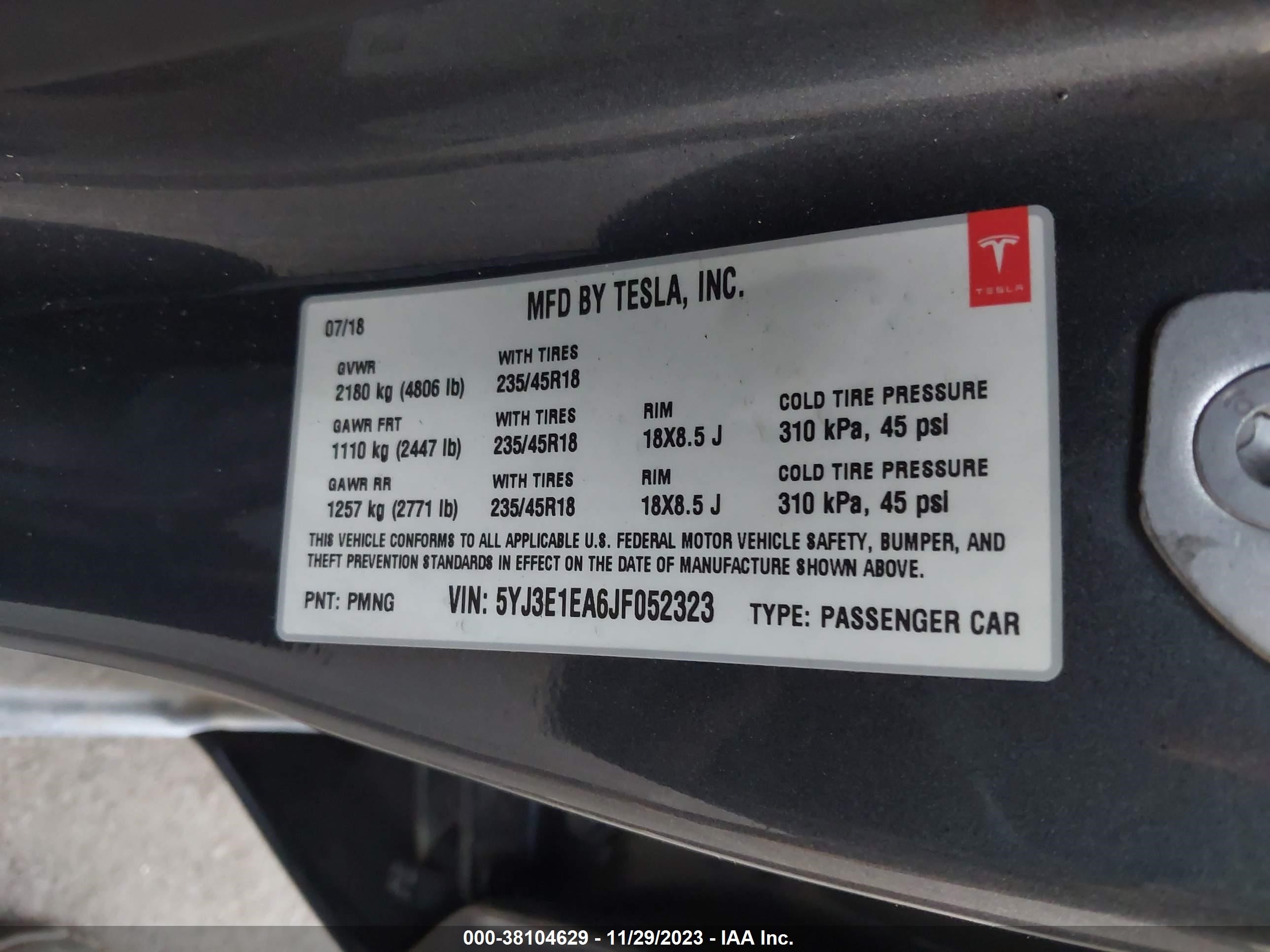 Photo 8 VIN: 5YJ3E1EA6JF052323 - TESLA MODEL 3 