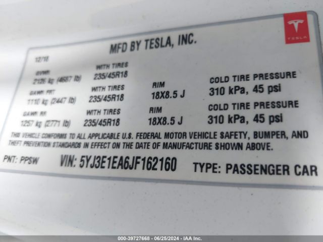 Photo 8 VIN: 5YJ3E1EA6JF162160 - TESLA MODEL 3 