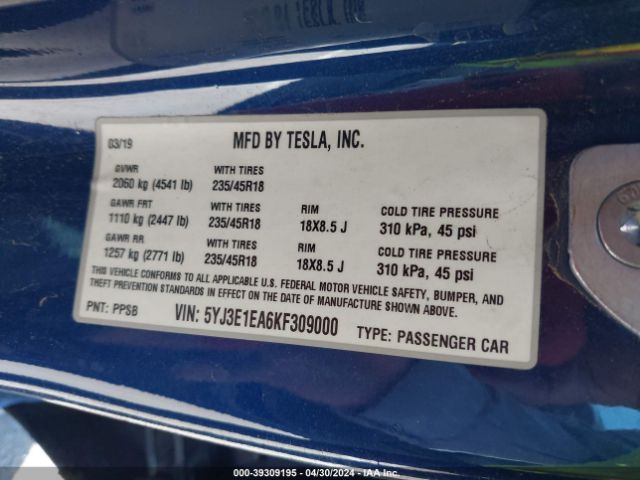 Photo 8 VIN: 5YJ3E1EA6KF309000 - TESLA MODEL 3 