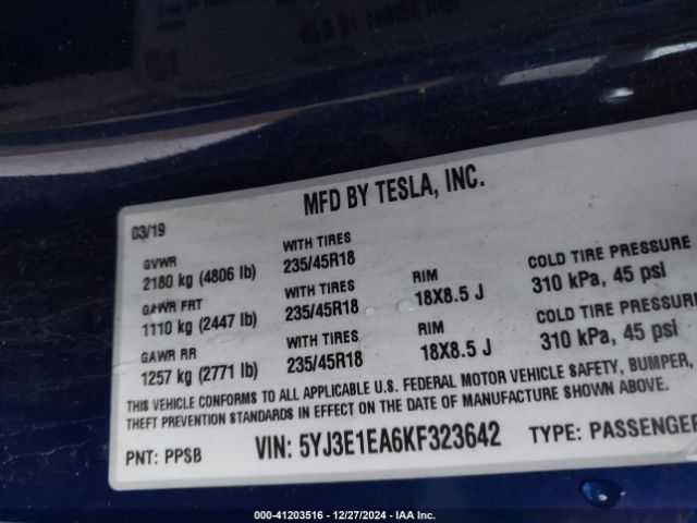 Photo 8 VIN: 5YJ3E1EA6KF323642 - TESLA MODEL 3 