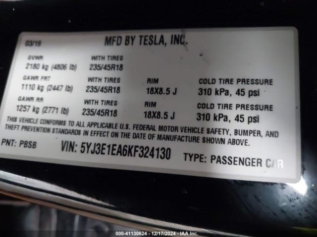 Photo 8 VIN: 5YJ3E1EA6KF324130 - TESLA MODEL 3 