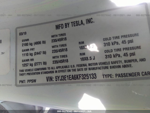 Photo 8 VIN: 5YJ3E1EA6KF325133 - TESLA MODEL 3 