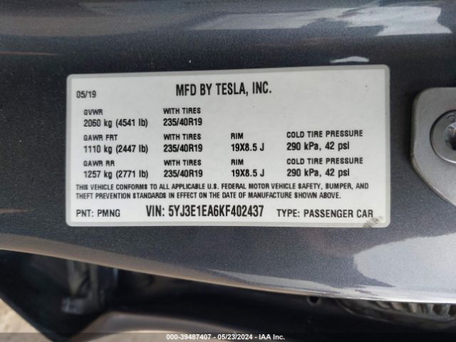 Photo 8 VIN: 5YJ3E1EA6KF402437 - TESLA MODEL 3 