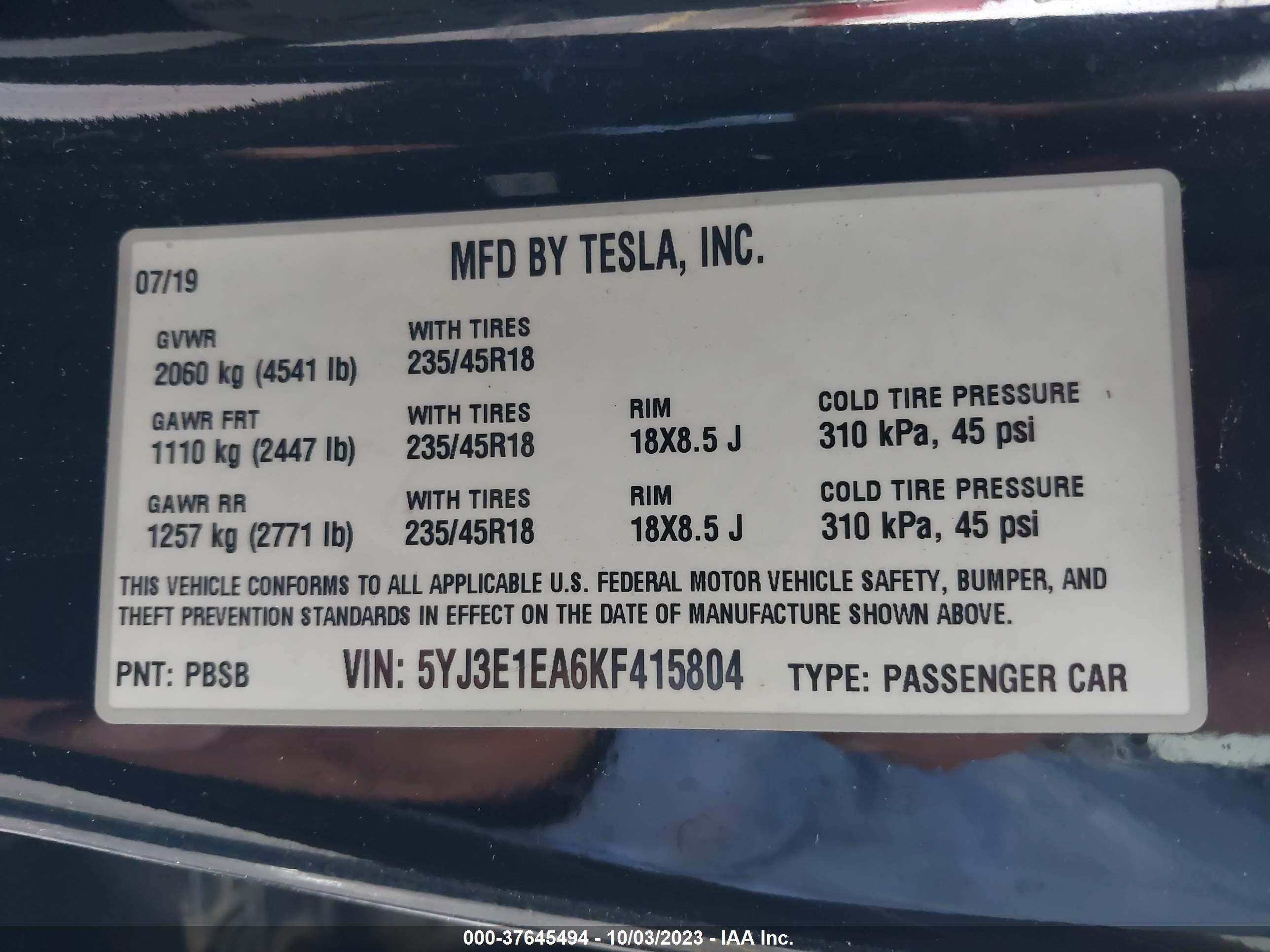 Photo 8 VIN: 5YJ3E1EA6KF415804 - TESLA MODEL 3 