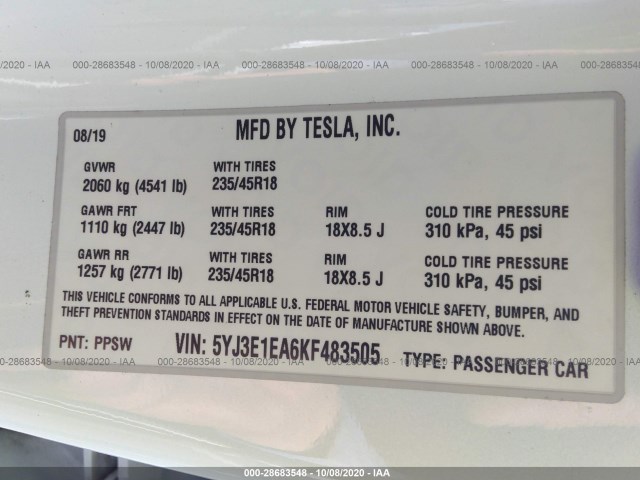 Photo 8 VIN: 5YJ3E1EA6KF483505 - TESLA MODEL 3 