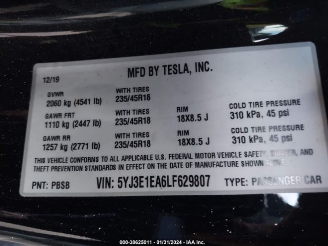 Photo 8 VIN: 5YJ3E1EA6LF629807 - TESLA MODEL 3 