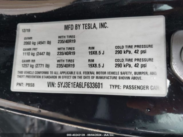 Photo 8 VIN: 5YJ3E1EA6LF633601 - TESLA MODEL 3 