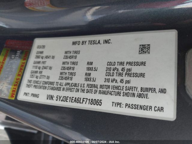 Photo 8 VIN: 5YJ3E1EA6LF718065 - TESLA MODEL 3 