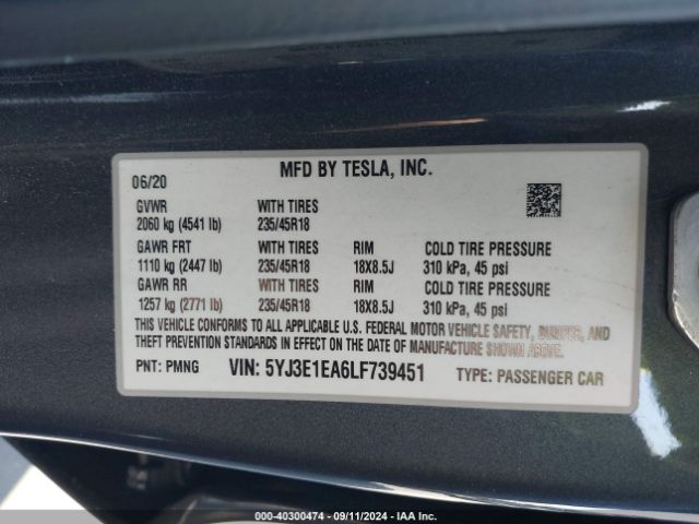 Photo 8 VIN: 5YJ3E1EA6LF739451 - TESLA MODEL 3 